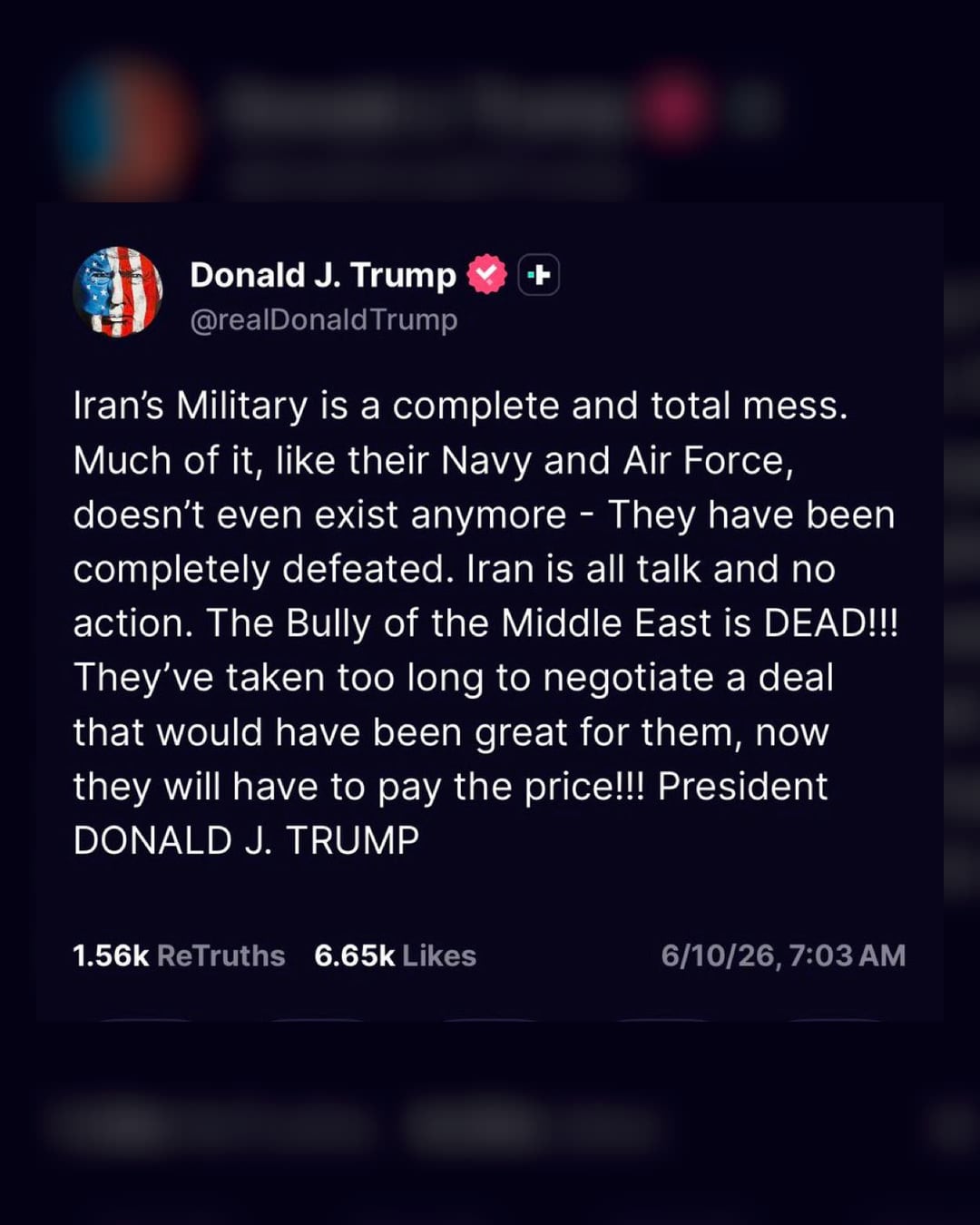 Screenshot of Donald Trump Truth Social post warning Iran will have to pay the price