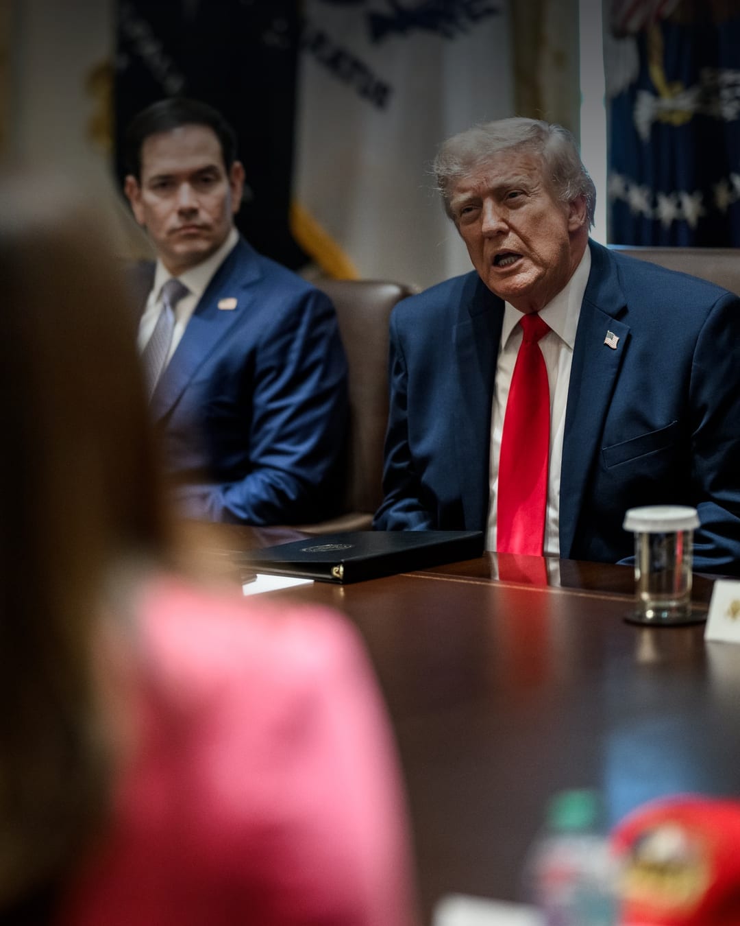 President Donald Trump speaks during a White House meeting