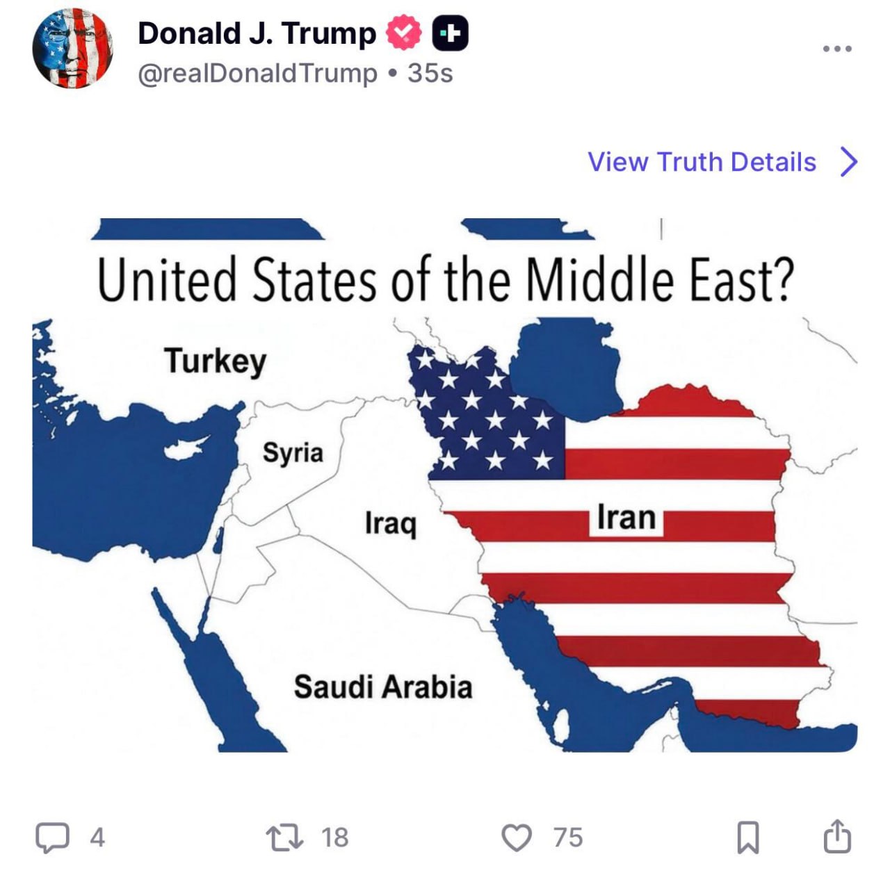 Screenshot of Trump post showing United States of the Middle East map